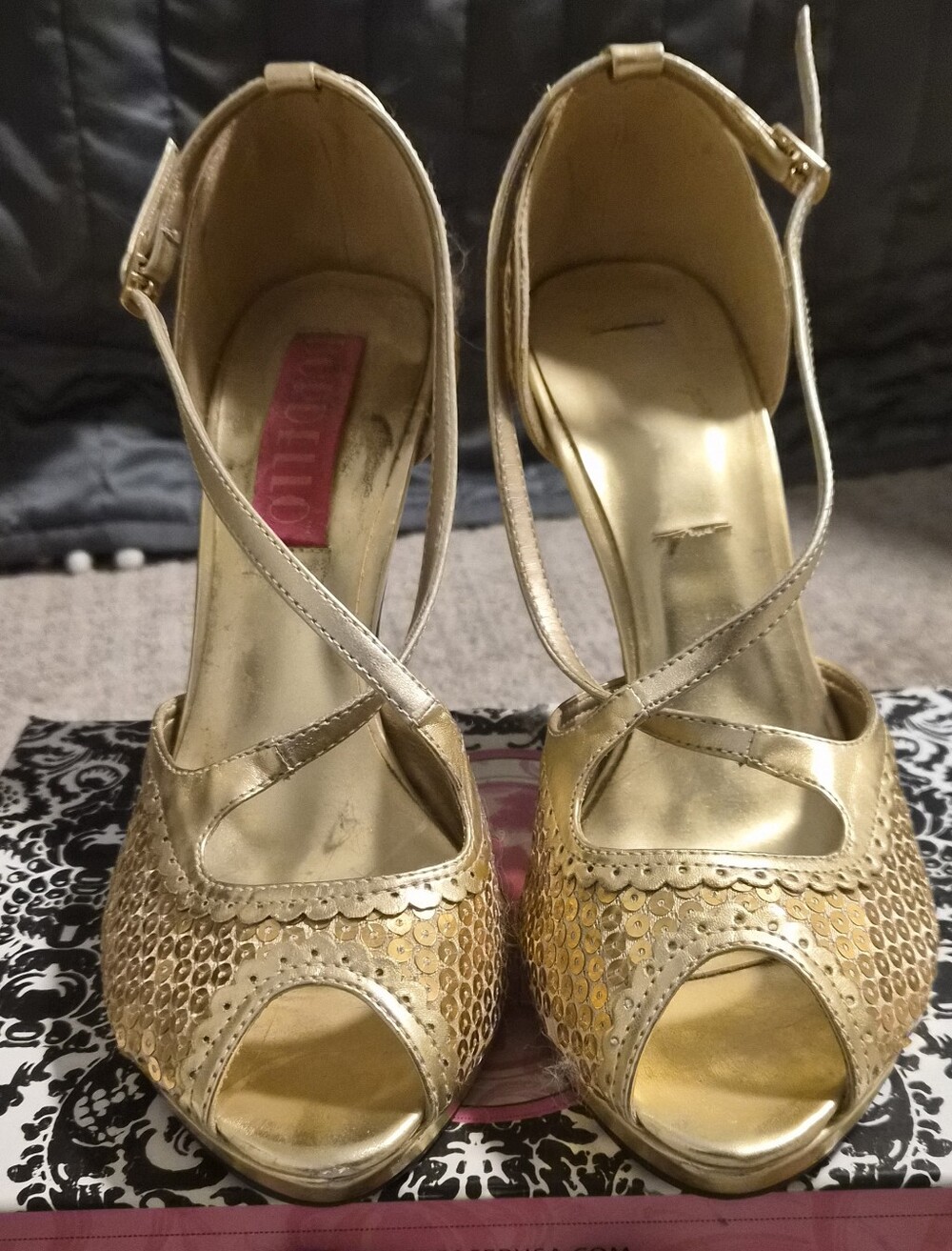 Siren Gold Sequin Open-Toe Crisscross Ankle Strap Heels